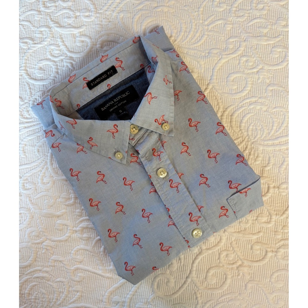 Banana Republic Flamingo Print Standard Fit Cotton Short Sleeve Shirt‎ Men Small